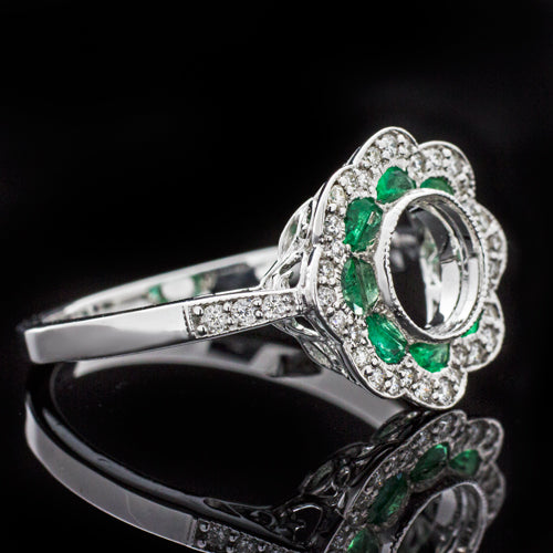 GREEN EMERALD DIAMOND VINTAGE STYLE SEMI MOUNT 6MM DOUBLE HALO ENGAGEMENT RING