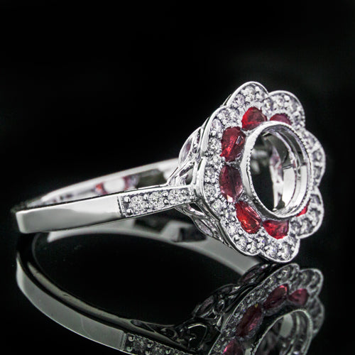 VINTAGE STYLE DIAMOND RUBY ROUND HALO ENGAGEMENT RING SETTING WHITE GOLD 6MM