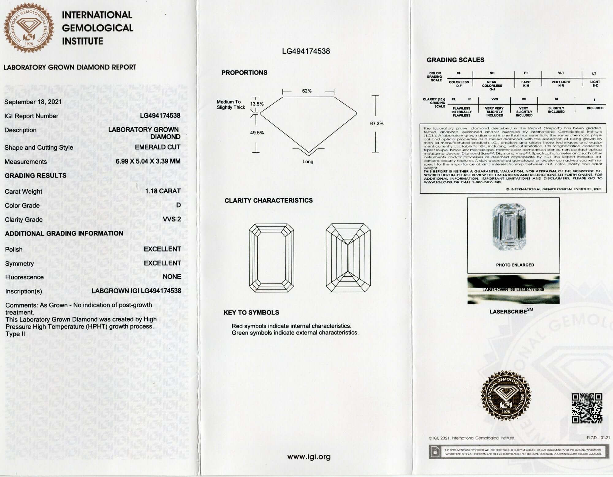 1.18c LAB CREATED DIAMOND CERTIFIED D VVS2 EMERALD CUT LOOSE COLORLESS CREATED
