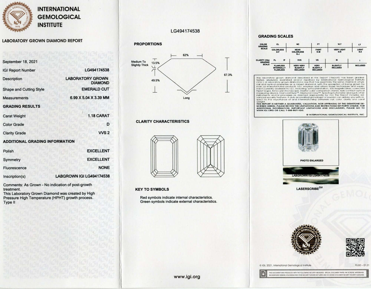 1.18c LAB CREATED DIAMOND CERTIFIED D VVS2 EMERALD CUT LOOSE COLORLESS CREATED