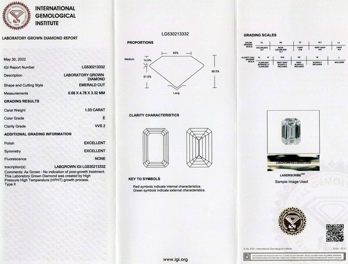1 CARAT LAB CREATED DIAMOND CERTIFIED E VVS2 EMERALD SHAPE CUT LOOSE COLORLESS