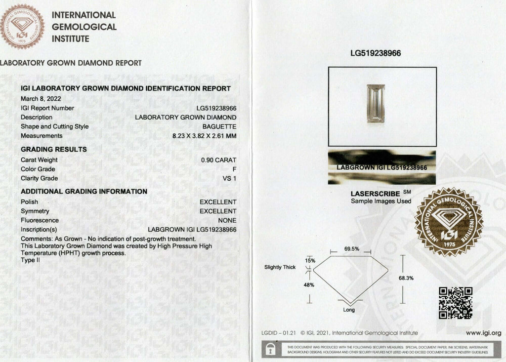 0.90ct LAB CREATED DIAMOND LONG BAGUETTE CUT CERTIFIED F VS1 EMERALD SHAPE 1ct