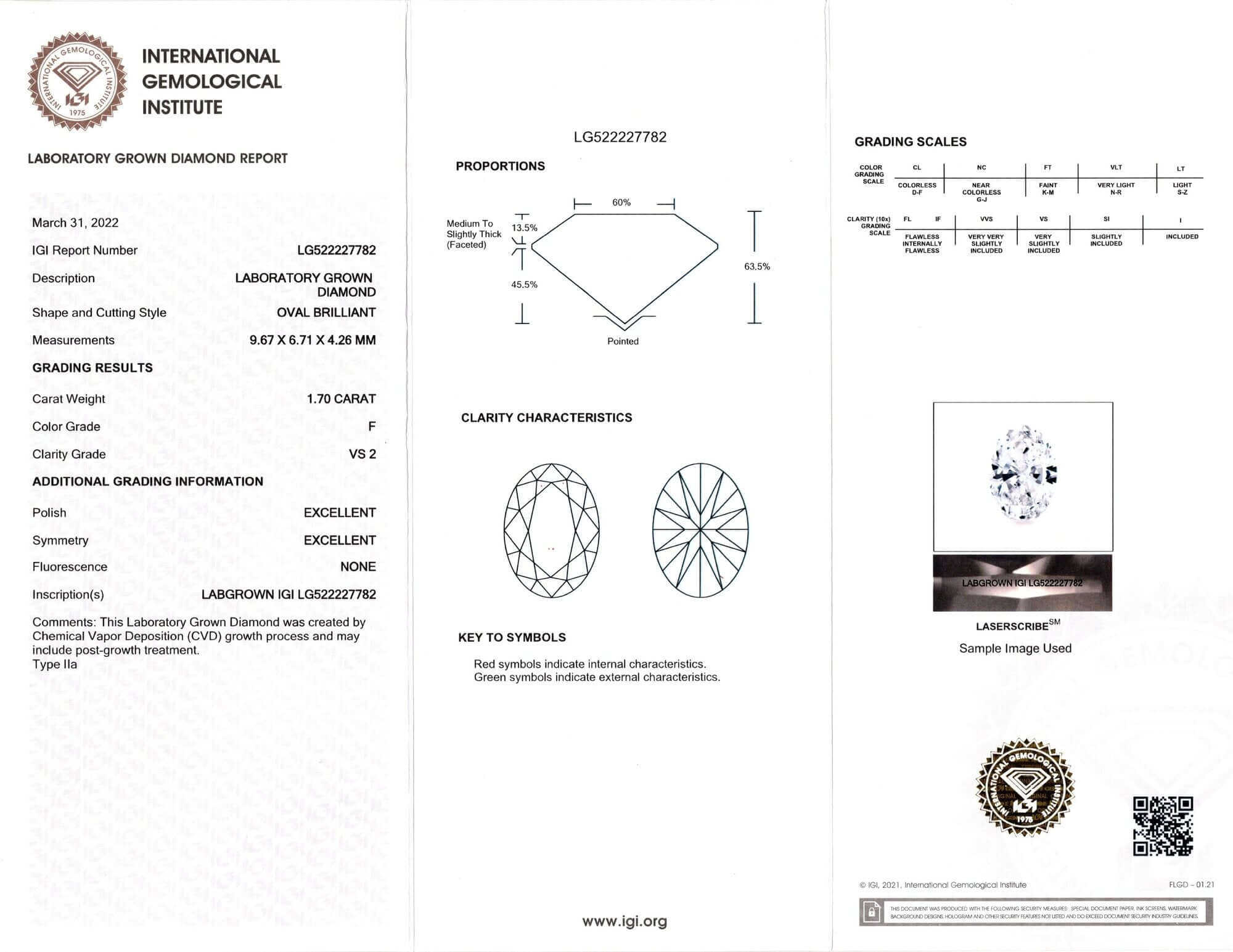 1.70ct LAB CREATED DIAMOND IGI CERTIFIED F VS2 OVAL SHAPE CUT LOOSE ENGAGEMENT