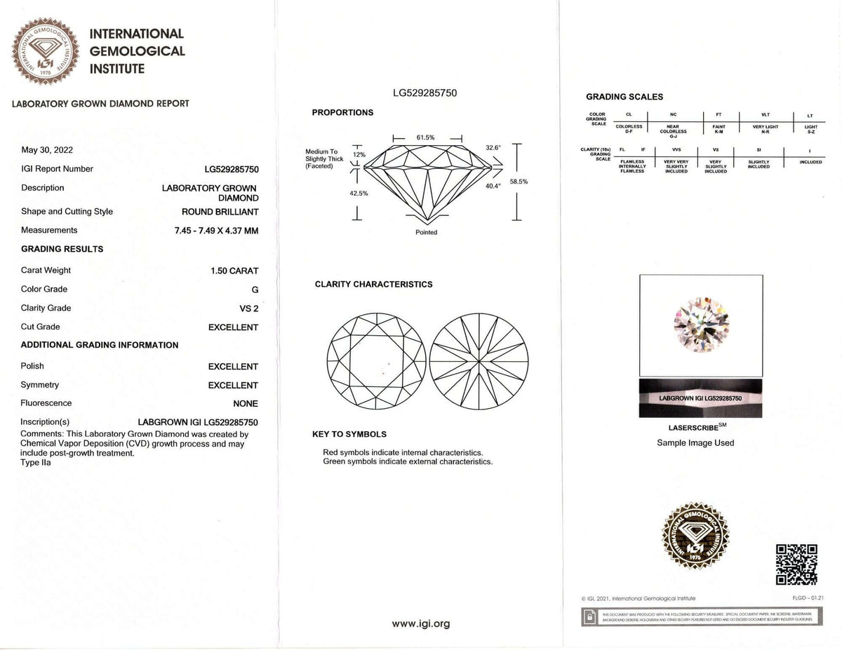 1.5 CARAT LAB CREATED DIAMOND IGI CERTIFIED G VS2 3x EXCELLENT CUT ROUND LOOSE