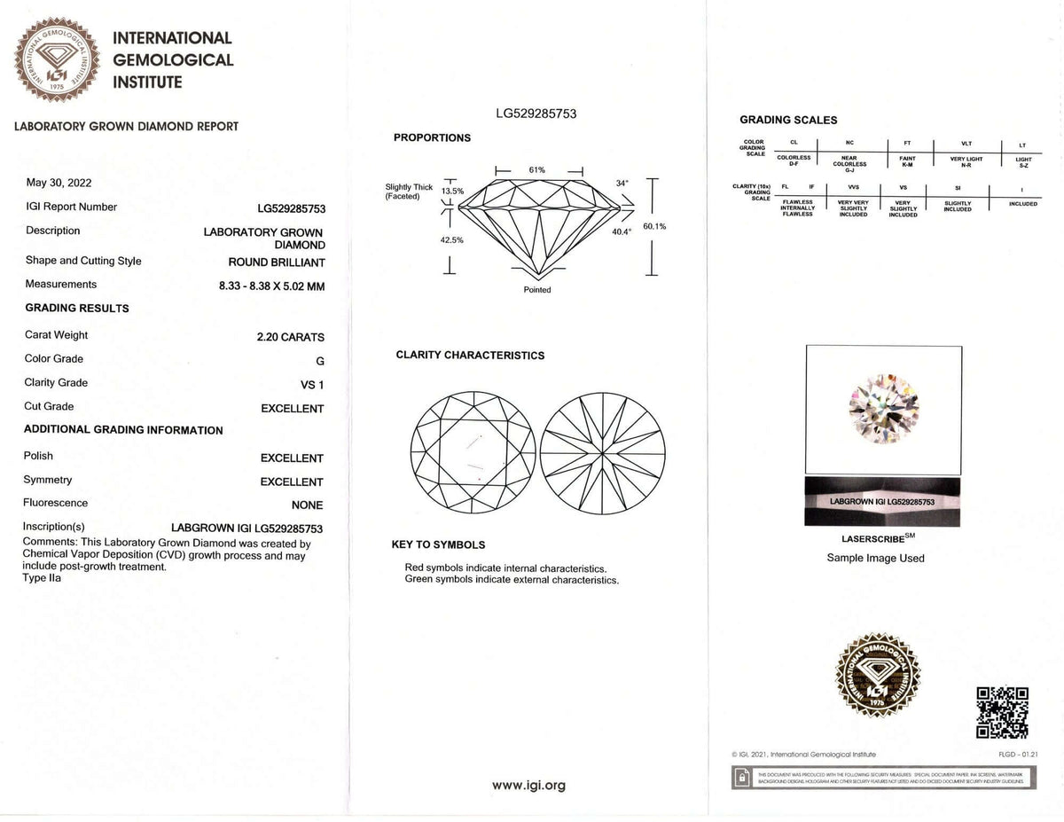 2.20ct LAB CREATED DIAMOND CERTIFIED G VS1 EXCELLENT ROUND CUT LOOSE COLORLESS