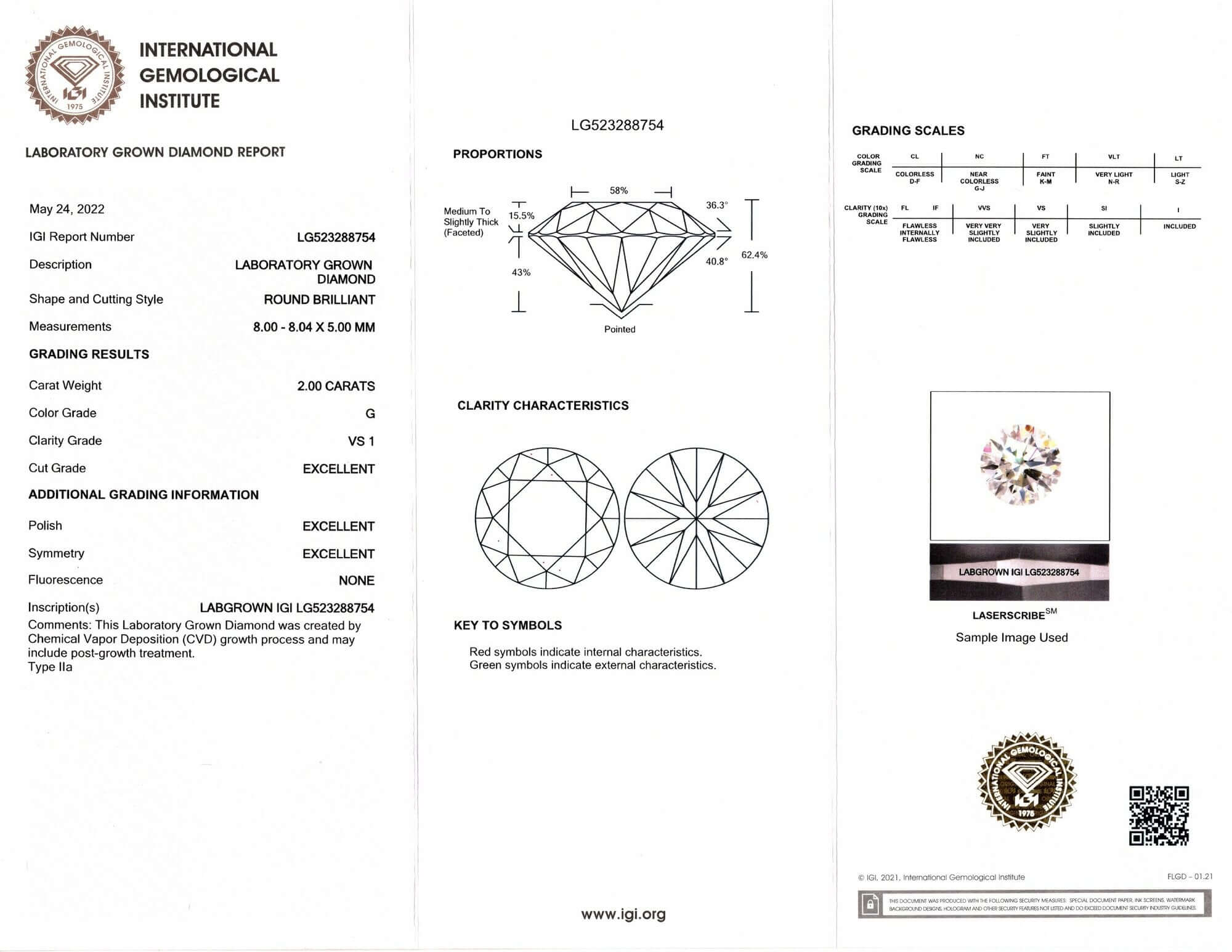 2 CARAT LAB CREATED DIAMOND CERTIFIED G VS1 IDEAL CUT ROUND BRILLIANT LOOSE