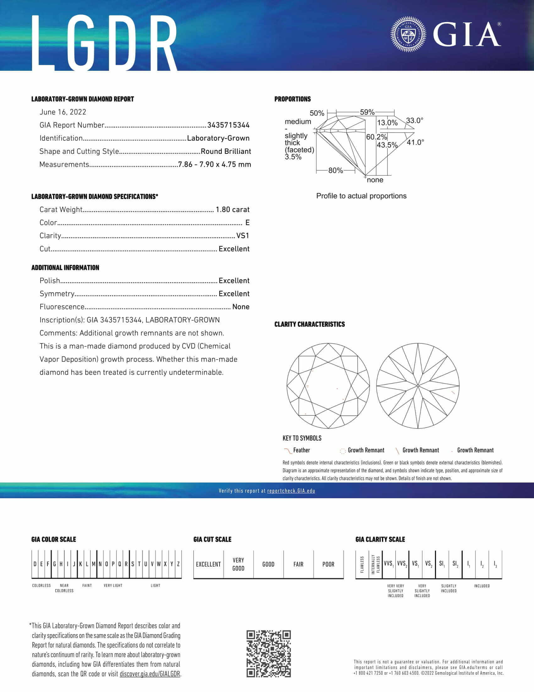 1.80 CARAT LAB CREATED DIAMOND CERTIFIED E VS1 3X EXCELLENT CUT ROUND BRILLIANT
