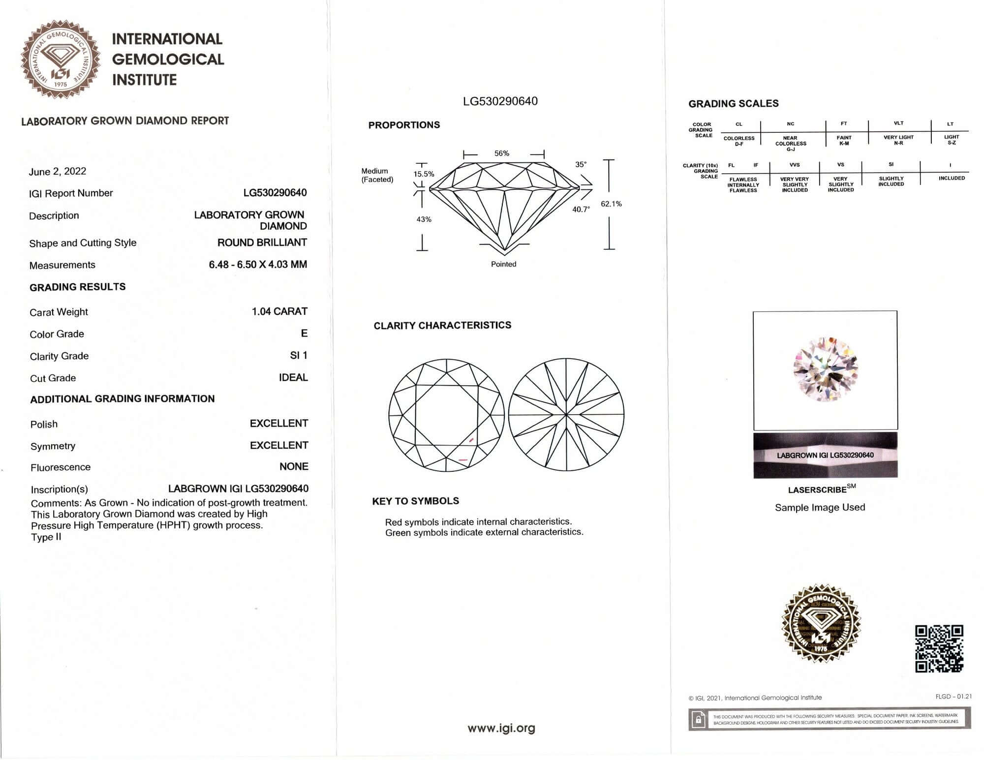 1.04ct LAB CREATED DIAMOND CERTIFIED E SI1 EXCELLENT ROUND BRILLIANT LOOSE 1ct