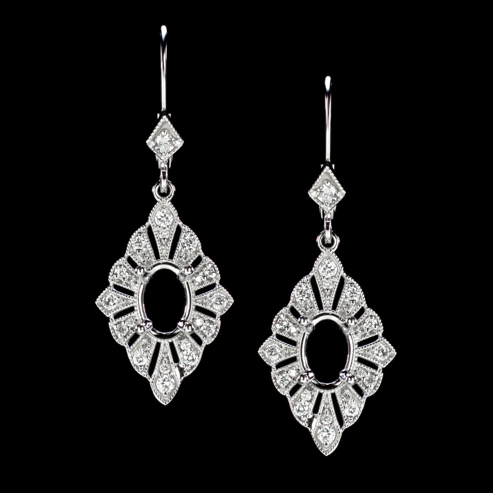 NATURAL DIAMOND SEMI MOUNT DANGLE EARRINGS OVAL SETTING VINTAGE STYLE ART DECO