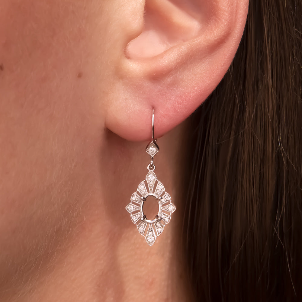 NATURAL DIAMOND SEMI MOUNT DANGLE EARRINGS OVAL SETTING VINTAGE