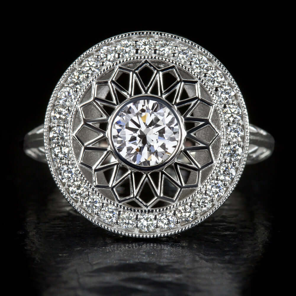 0.70ct VINTAGE STYLE DIAMOND COCKTAIL RING FILIGREE HALO ROUND CUT WHITE GOLD