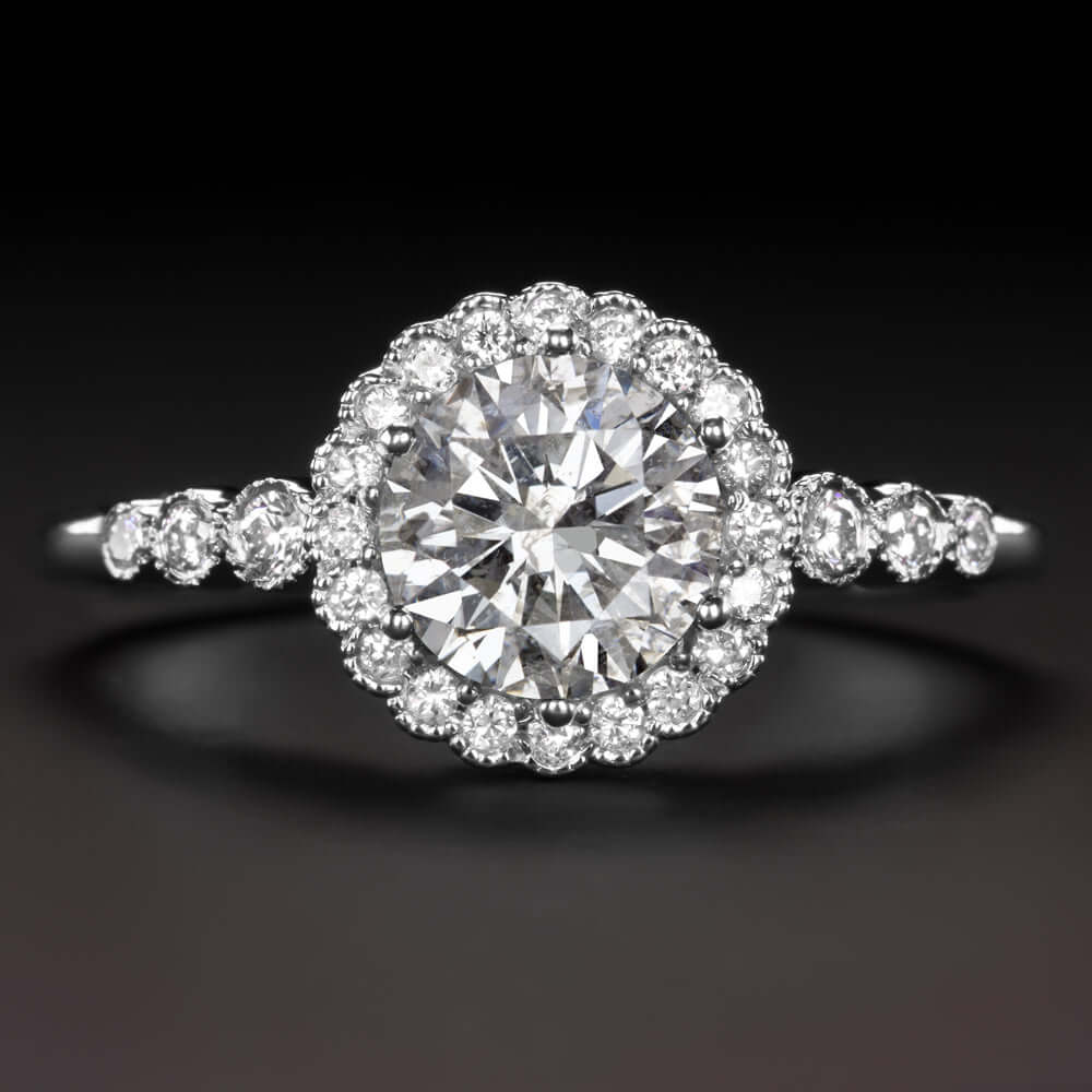 1 CARAT EXCELLENT CUT DIAMOND ENGAGEMENT RING VINTAGE STYLE HALO WHITE GOLD