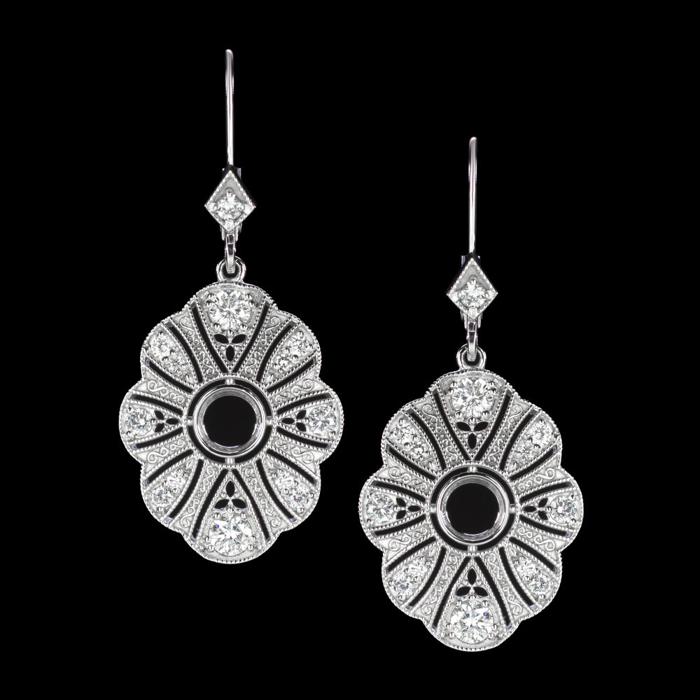 NATURAL DIAMOND SEMI MOUNT DANGLE EARRINGS ROUND SETTING VINTAGE STYLE ART DECO