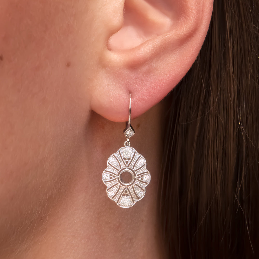 NATURAL DIAMOND SEMI MOUNT DANGLE EARRINGS ROUND SETTING VINTAGE STYLE ART DECO