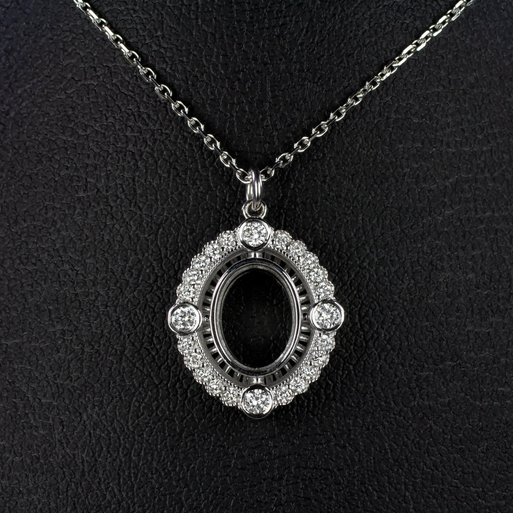 VINTAGE STYLE DIAMOND PENDANT SEMI MOUNT SETTING SCALLOPED HALO OVAL NECKLACE