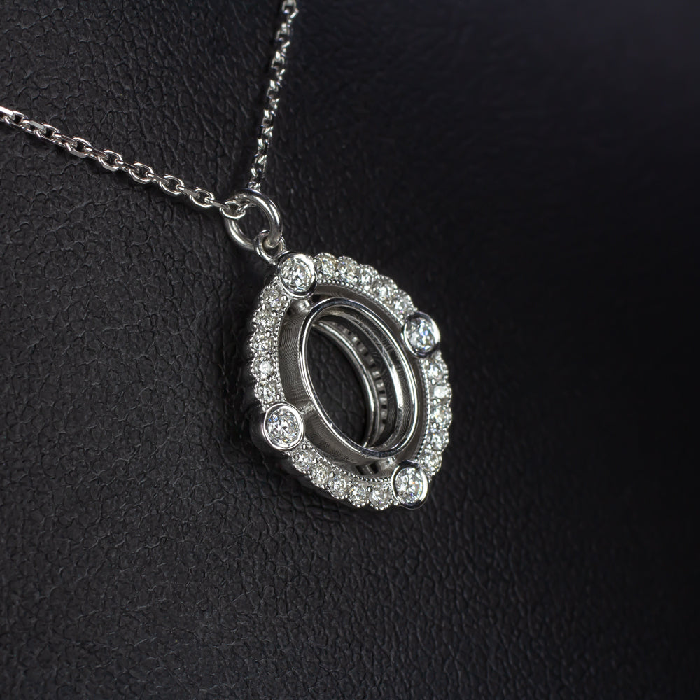 VINTAGE STYLE DIAMOND PENDANT SEMI MOUNT SETTING SCALLOPED HALO OVAL NECKLACE