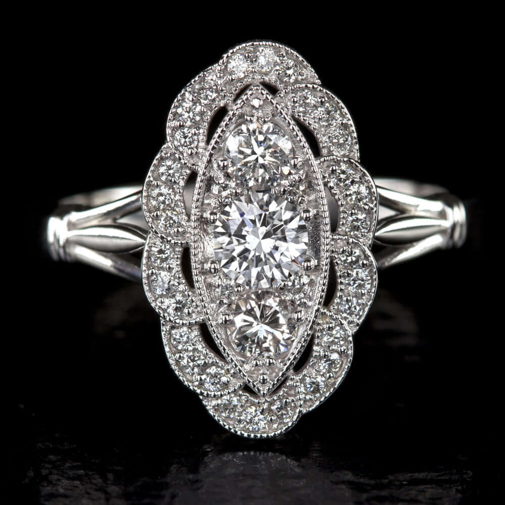 0.67ct DIAMOND NAVETTE RING VINTAGE STYLE COCKTAIL WHITE GOLD ART DECO NATURAL