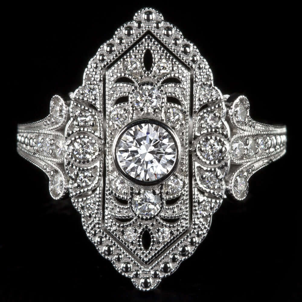 0.59ct DIAMOND NAVETTE RING VINTAGE STYLE ART DECO COCKTAIL WHITE GOLD NATURAL