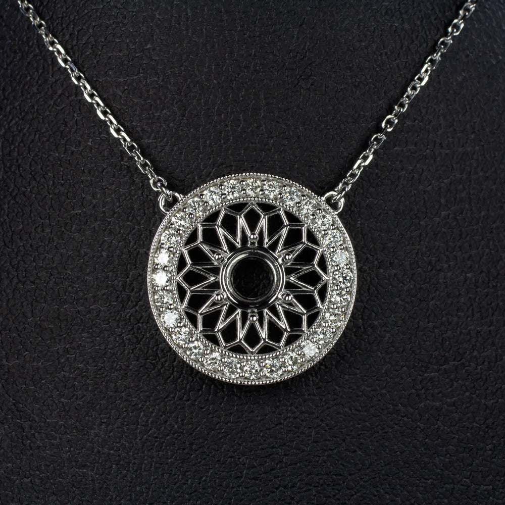 VINTAGE STYLE DIAMOND FILIGREE HALO MOUNT PENDANT NECKLACE SETTING DECO ROUND