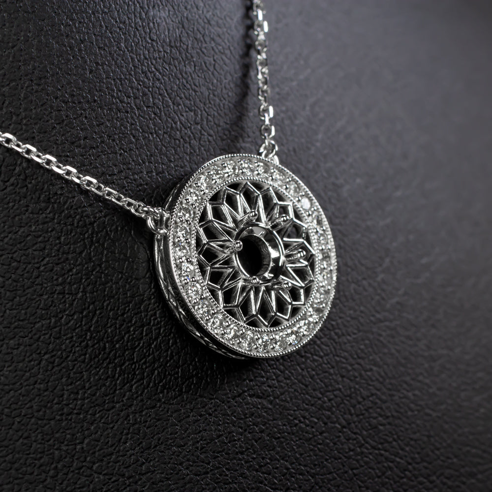 VINTAGE STYLE DIAMOND FILIGREE HALO MOUNT PENDANT NECKLACE SETTING DECO ROUND
