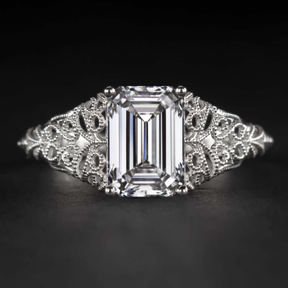 1.5 CARAT LAB CREATED DIAMOND ENGAGEMENT RING F VVS EMERALD VINTAGE FILIGREE 1.5