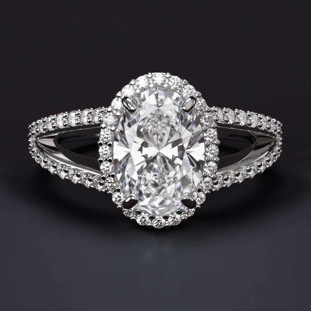 1.5ct LAB CREATED DIAMOND ENGAGEMENT RING F VVS2 OVAL SHAPE CUT HALO SPLIT SHANK