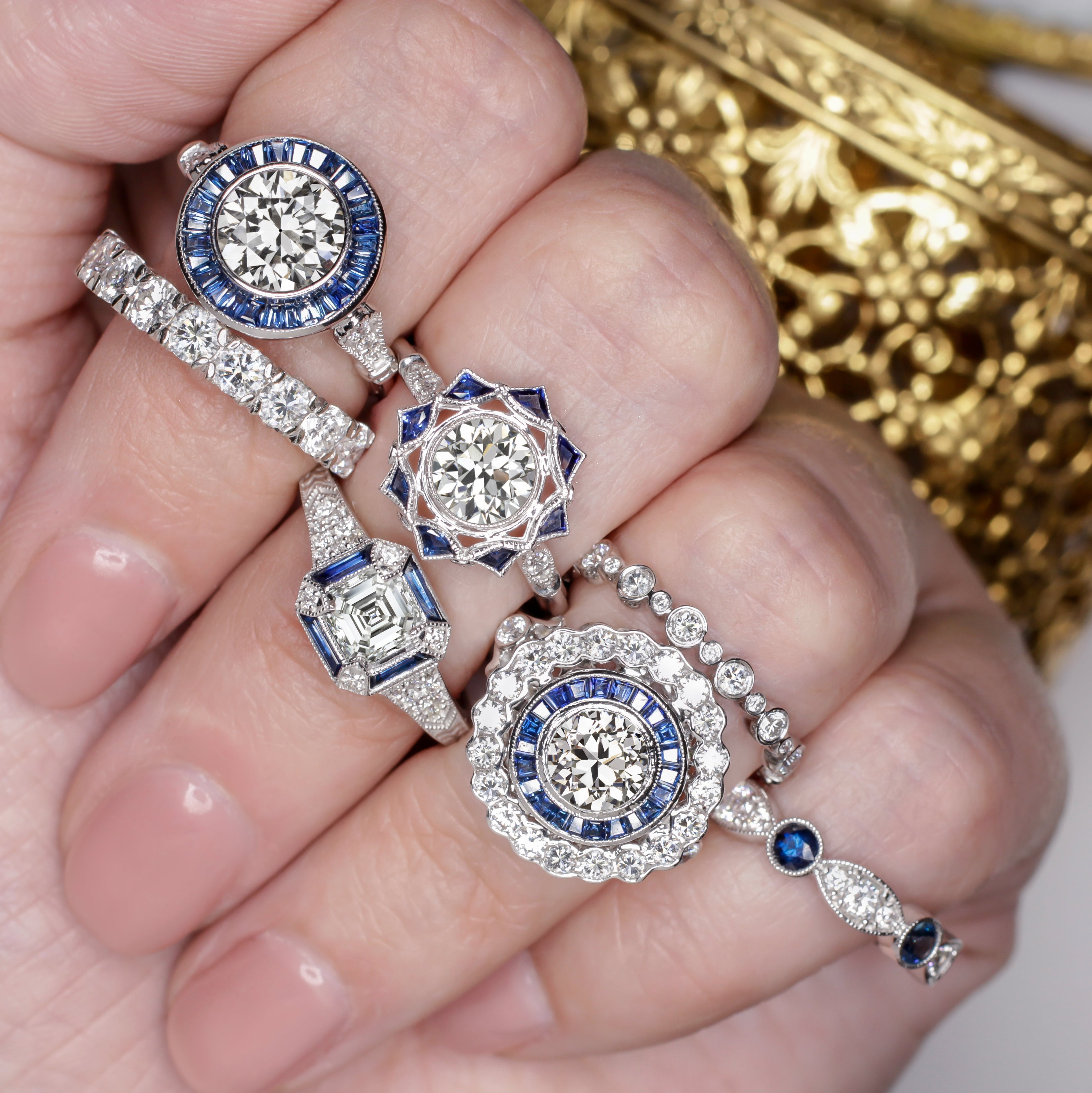 VINTAGE STYLE SAPPHIRE ROUND DIAMOND BEZEL SETTING SEMI-MOUNT RING ART DECO HALO