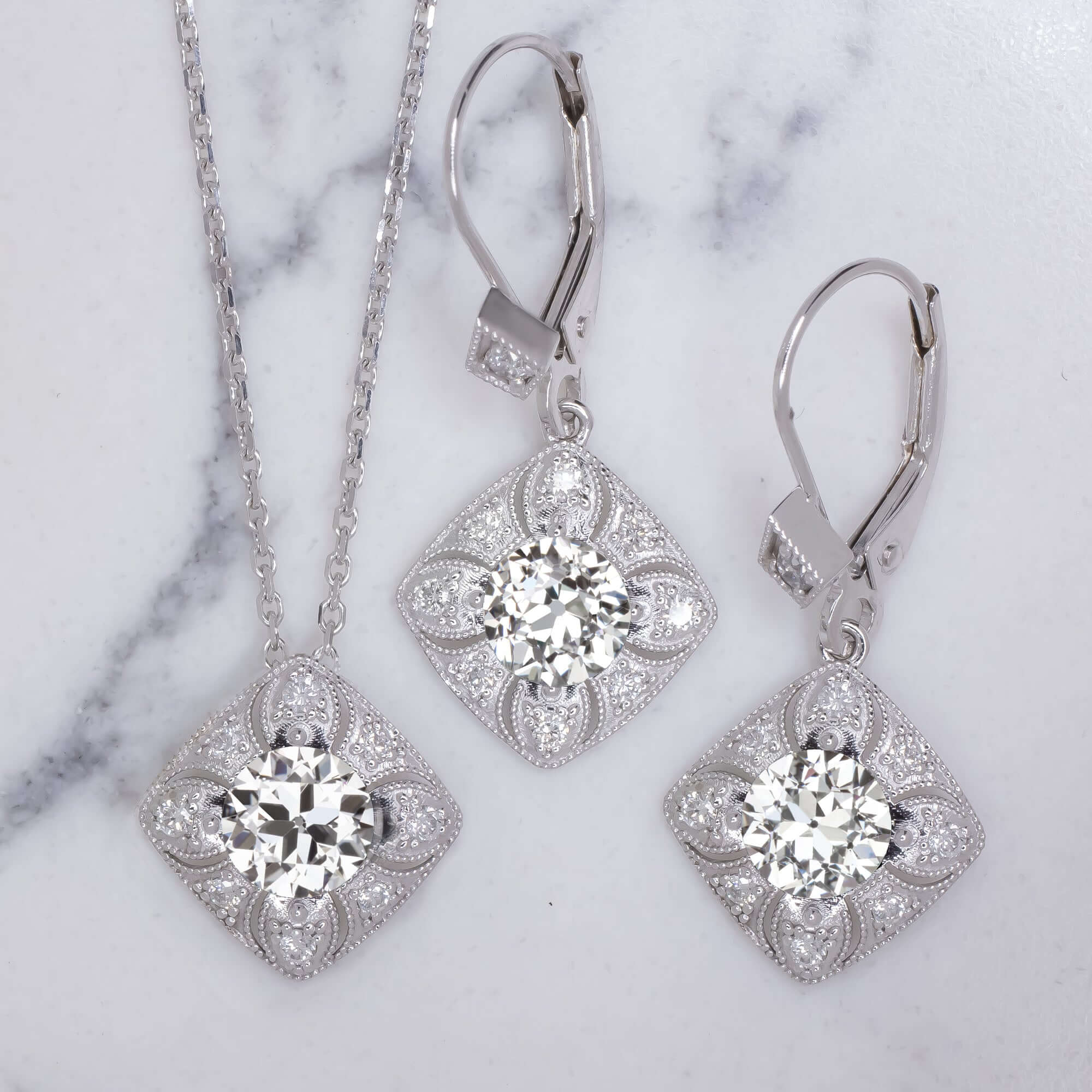 DIAMOND SEMI MOUNT DROP EARRINGS ROUND SETTING VINTAGE STYLE ART DECO DANGLE