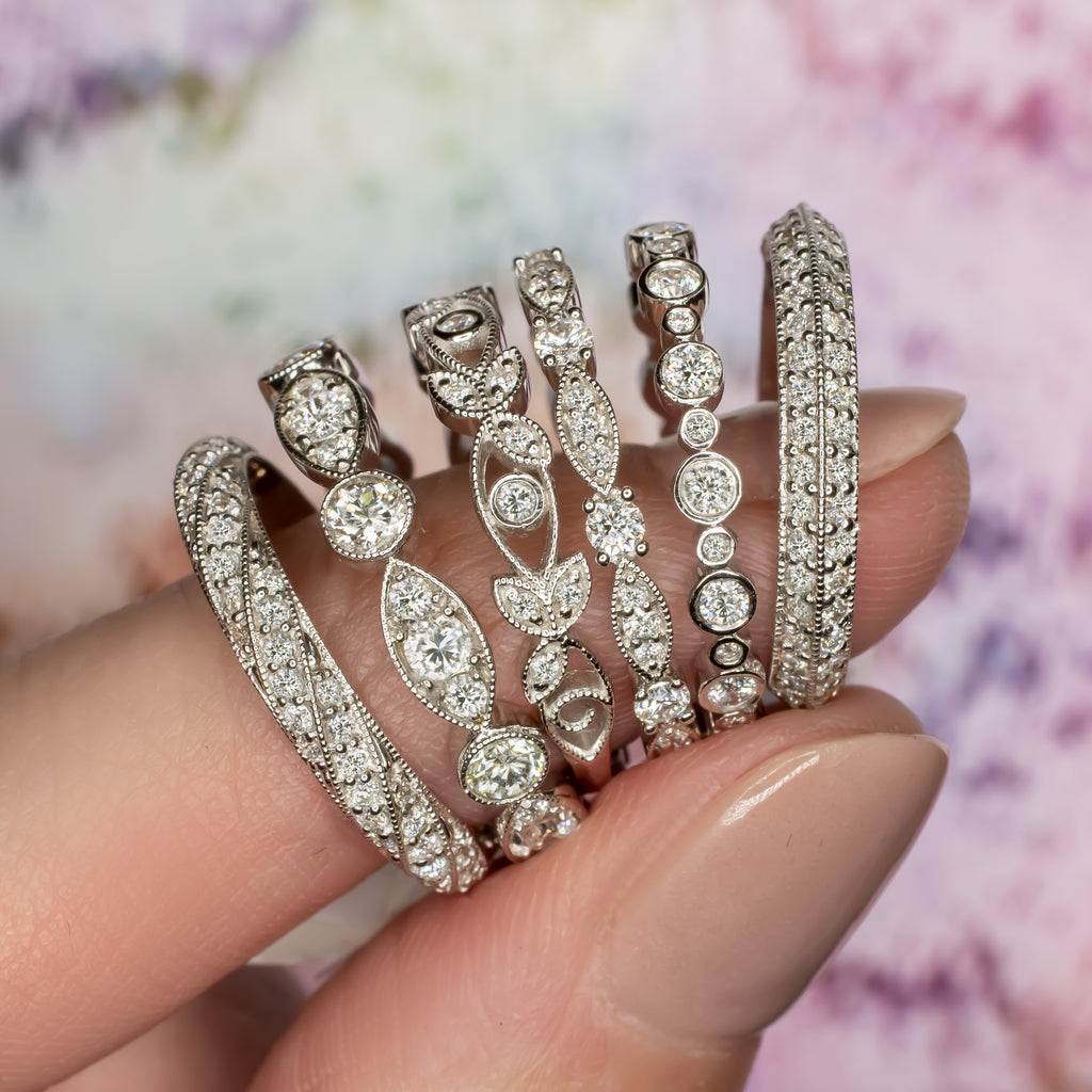 ROUND DIAMOND BEZEL WEDDING BAND FILIGREE RING VINTAGE STYLE FLORAL ART DECO